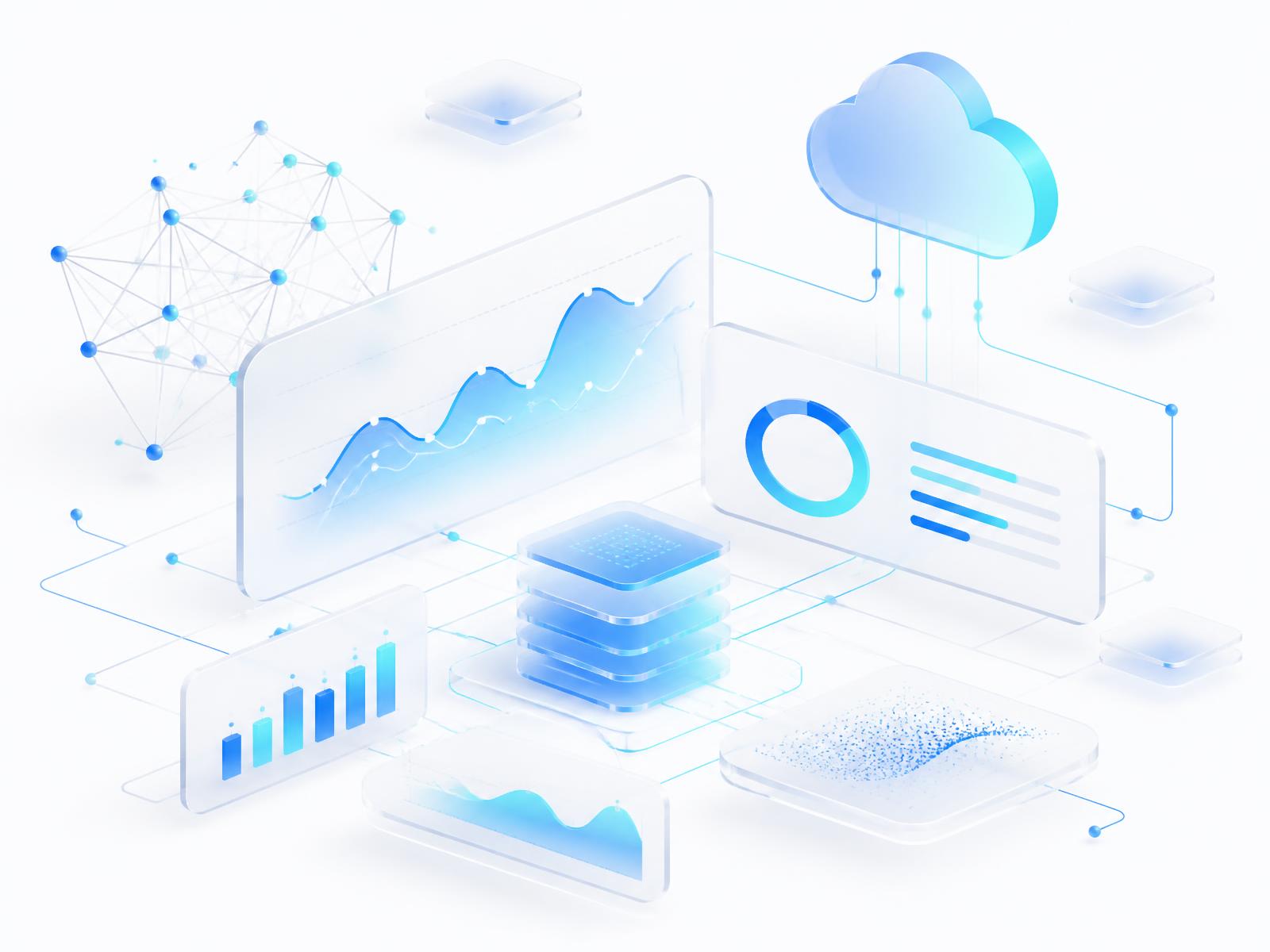 Illustration of cloud computing, analytics dashboards and AI workflow automation